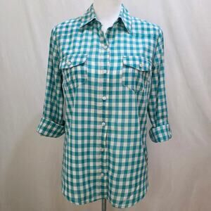 Forever 21 Teal Gingham Button Down Western Roll Up Sleeve Fitted Shirt, Small